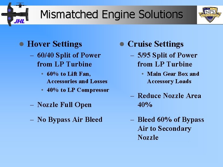 Mismatched Engine Solutions l Hover Settings – 60/40 Split of Power from LP Turbine