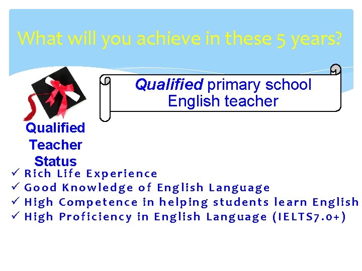 What will you achieve in these 5 years? Qualified primary school English teacher ü What will you achieve in these 5 years? Qualified primary school English teacher ü