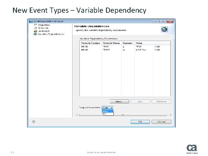 New Event Types – Variable Dependency 12 © 2015 CA. ALL RIGHTS RESERVED. 