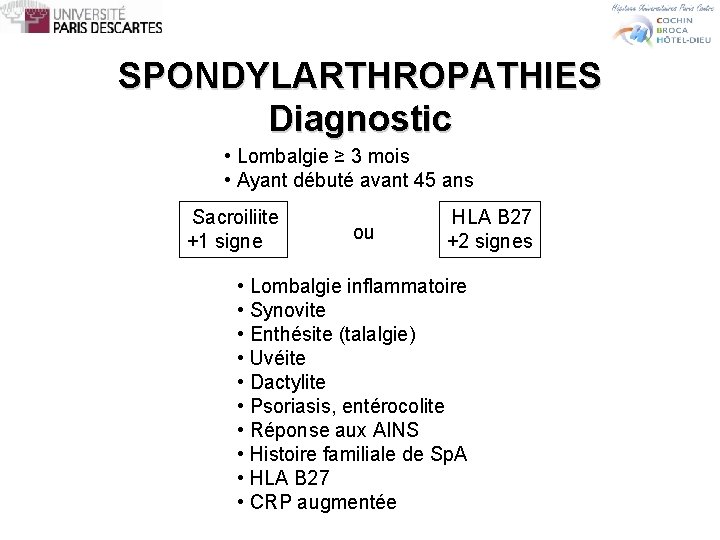 SPONDYLARTHROPATHIES Diagnostic • Lombalgie ≥ 3 mois • Ayant débuté avant 45 ans Sacroiliite