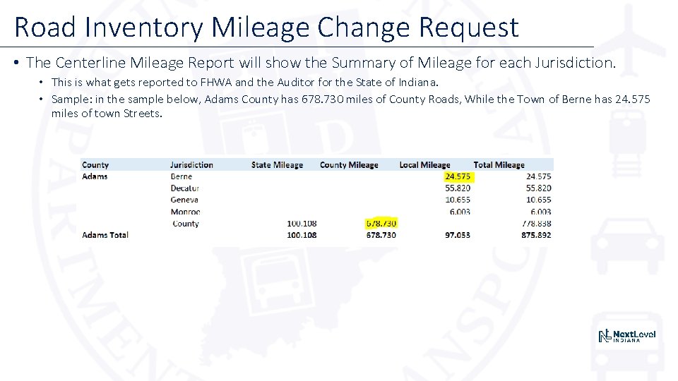 Road Inventory Mileage Change Request • The Centerline Mileage Report will show the Summary Road Inventory Mileage Change Request • The Centerline Mileage Report will show the Summary