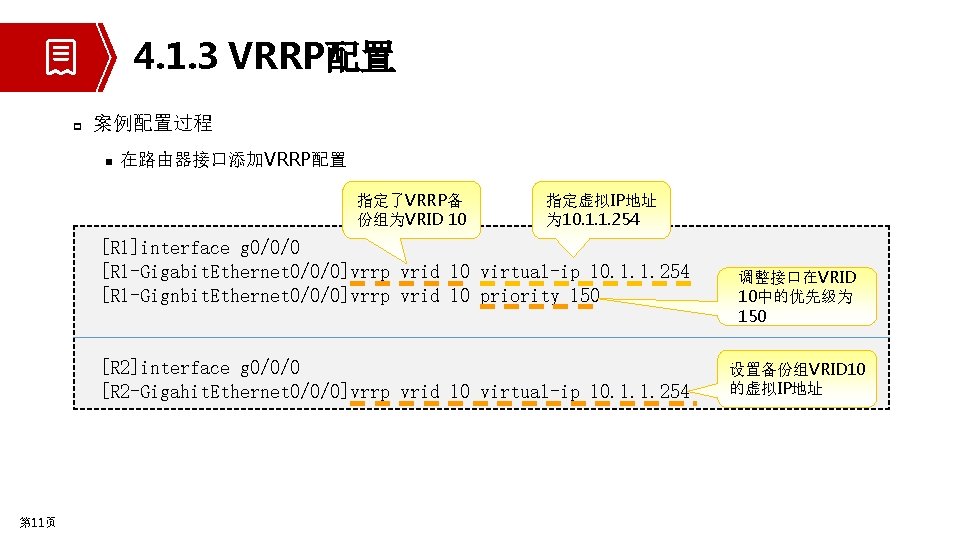 4. 1. 3 VRRP配置 p 案例配置过程 n 在路由器接口添加VRRP配置 指定了VRRP备 份组为VRID 10 指定虚拟IP地址 为 10.