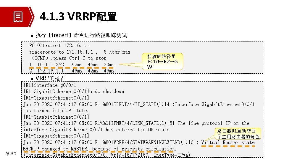 4. 1. 3 VRRP配置 n 第 15页 执行【tracert】命令进行路径跟踪测试 PC 10>tracert 172. 16. 1. 1