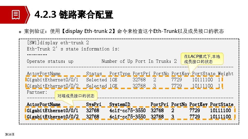 4. 2. 3 链路聚合配置 p p 第 34页 案例验证：使用【display Eth-trunk 2】命令来检查这个Eth-Trunk以及成员接口的状态 [SW 1]display eth-trunk