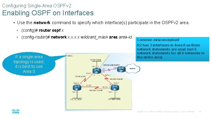 Configuring Single-Area OSPFv 2 Enabling OSPF on Interfaces § Use the network command to