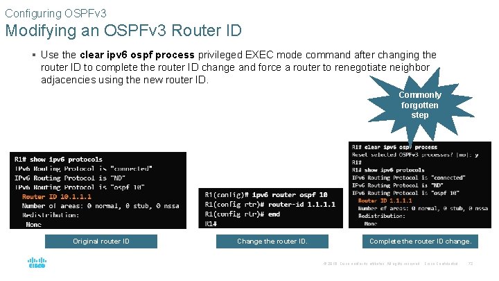 Configuring OSPFv 3 Modifying an OSPFv 3 Router ID § Use the clear ipv