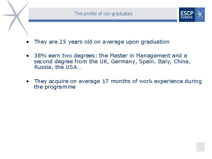 The profile of our graduates • They are 25 years old on average upon