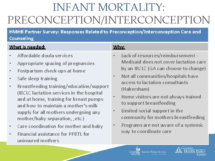 INFANT MORTALITY: PRECONCEPTION/INTERCONCEPTION HMHB Partner Survey: Responses Related to Preconception/Interconception Care and Secondary data