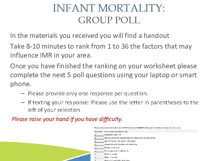 INFANT MORTALITY: GROUP POLL In the materials you received you will find a handout