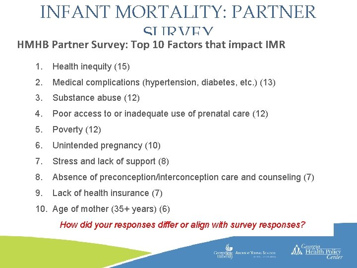 INFANT MORTALITY: PARTNER SURVEY HMHB Partner Survey: Top 10 Factors that impact IMR 1.