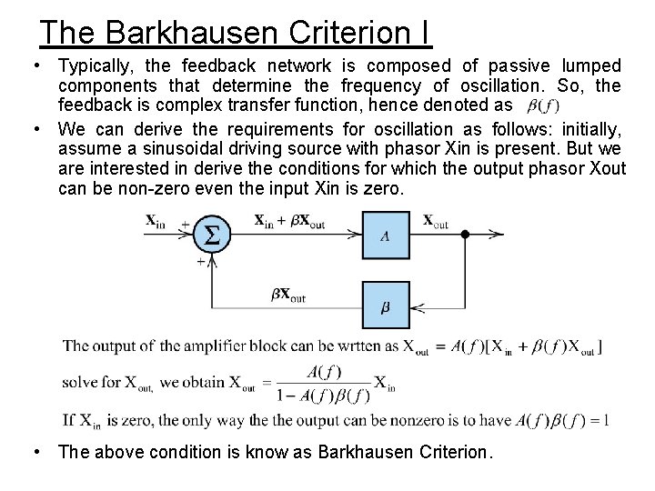 The Barkhausen Criterion I • Typically, the feedback network is composed of passive lumped