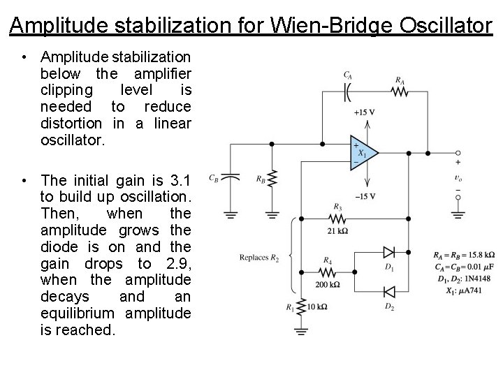 Amplitude stabilization for Wien-Bridge Oscillator • Amplitude stabilization below the amplifier clipping level is