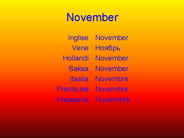 November Inglise Vene Hollandi Saksa Itaalia Prantsuse Hispaania November Ноябрь November Novembre Noviembre 