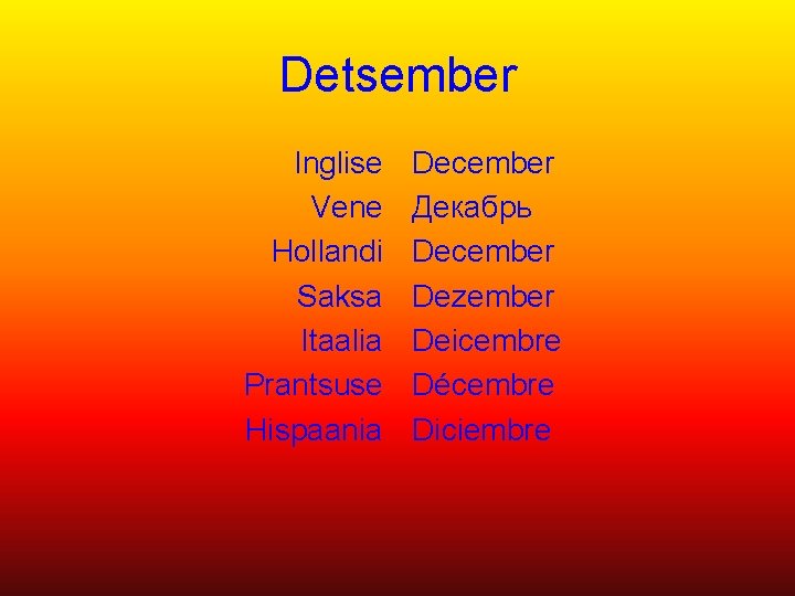 Detsember Inglise Vene Hollandi Saksa Itaalia Prantsuse Hispaania December Декабрь December Dezember Deicembre Décembre