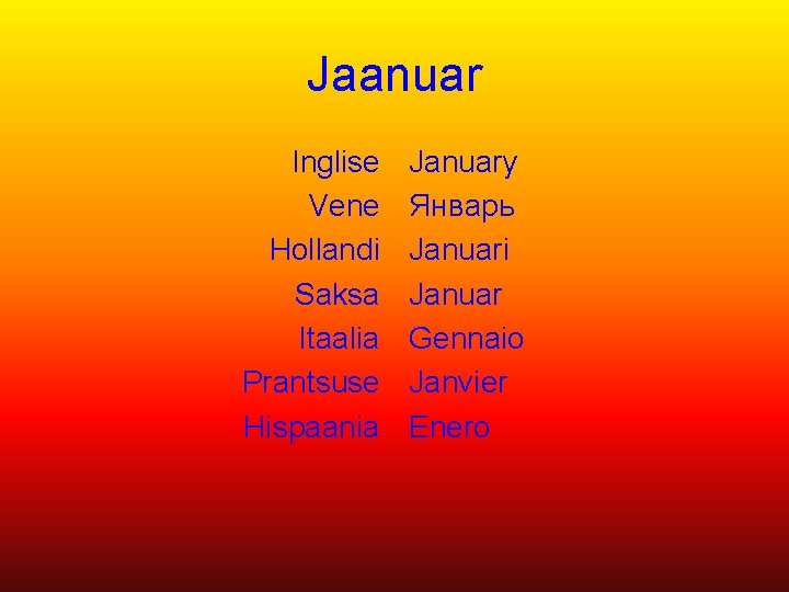 Jaanuar Inglise Vene Hollandi Saksa Itaalia Prantsuse Hispaania January Январь Januari Januar Gennaio Janvier