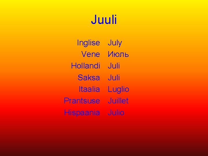 Juuli Inglise Vene Hollandi Saksa Itaalia Prantsuse Hispaania July Июль Juli Luglio Juillet Julio