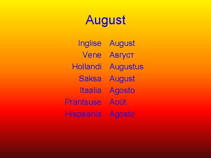 August Inglise Vene Hollandi Saksa Itaalia Prantsuse Hispaania August Август Augustus August Agosto Août