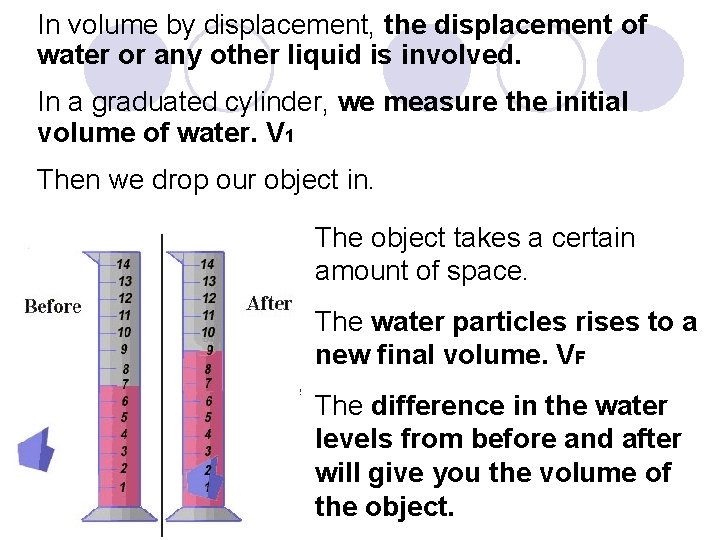 In volume by displacement, the displacement of water or any other liquid is involved.