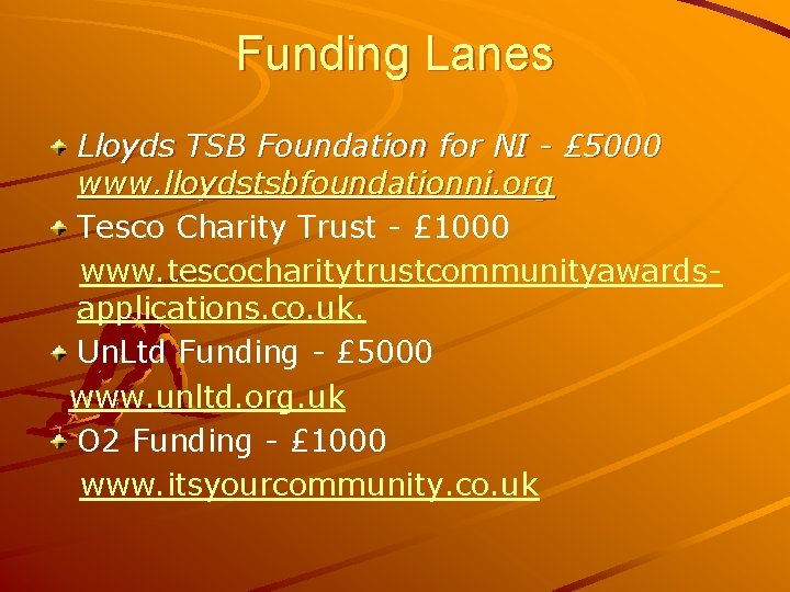 Funding Lanes Lloyds TSB Foundation for NI - £ 5000 www. lloydstsbfoundationni. org Tesco