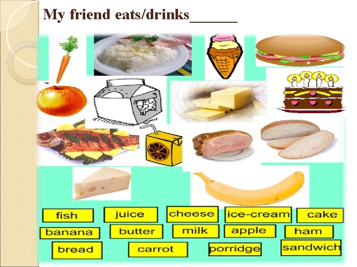 My friend eats/drinks______ 