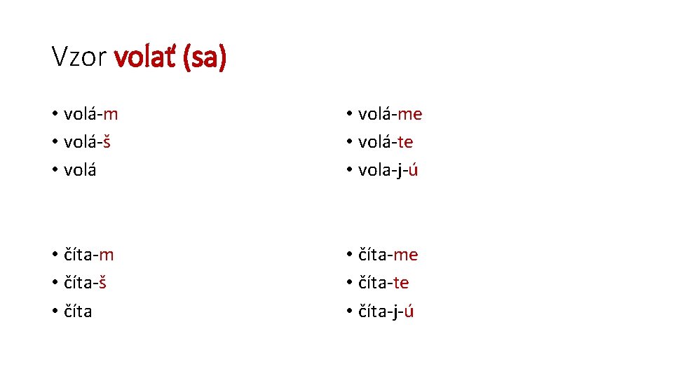 Vzor volať (sa) • volá-m • volá-š • volá-me • volá-te • vola-j-ú •