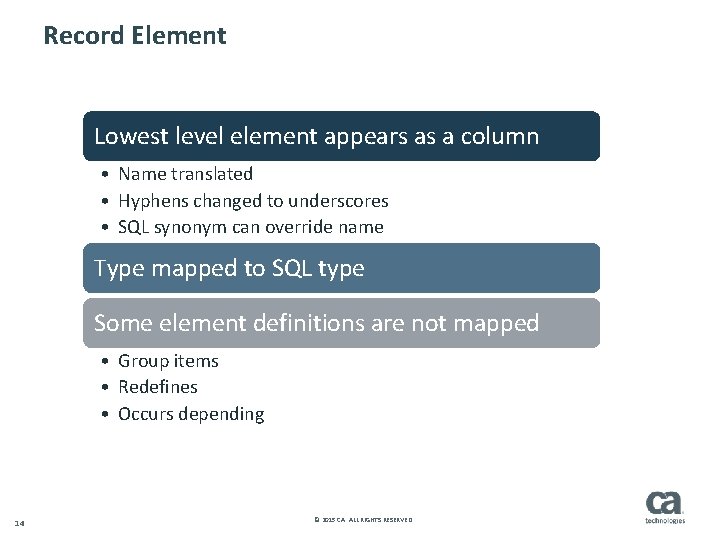 Record Element Lowest level element appears as a column • Name translated • Hyphens