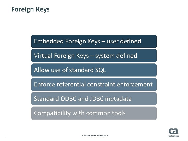Foreign Keys Embedded Foreign Keys – user defined Virtual Foreign Keys – system defined