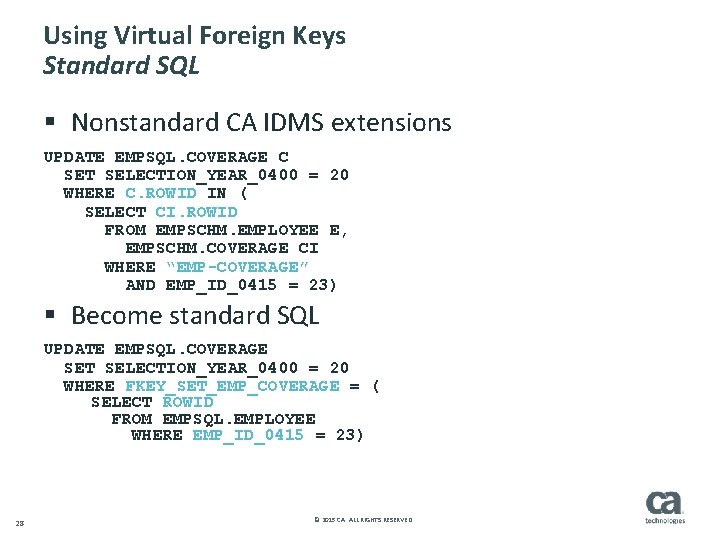 Using Virtual Foreign Keys Standard SQL § Nonstandard CA IDMS extensions UPDATE EMPSQL. COVERAGE