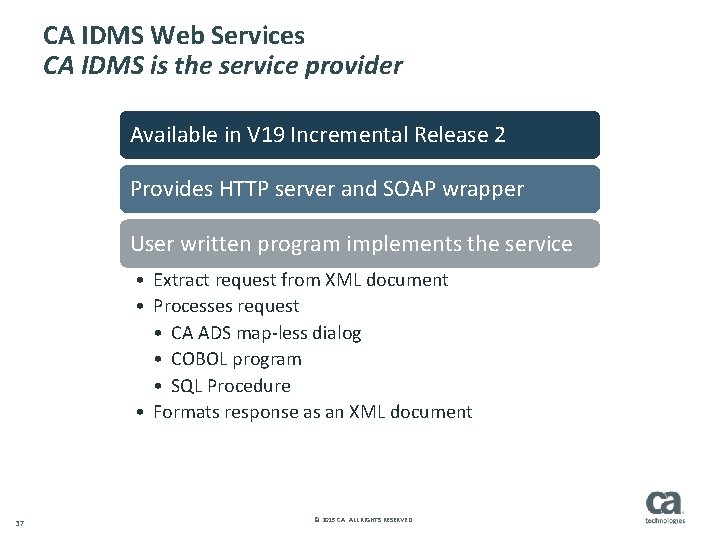 CA IDMS Web Services CA IDMS is the service provider Available in V 19