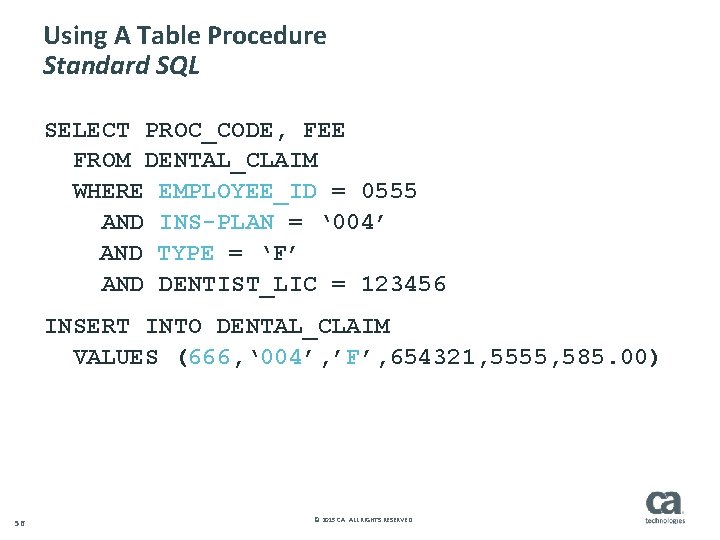 Using A Table Procedure Standard SQL SELECT PROC_CODE, FEE FROM DENTAL_CLAIM WHERE EMPLOYEE_ID =