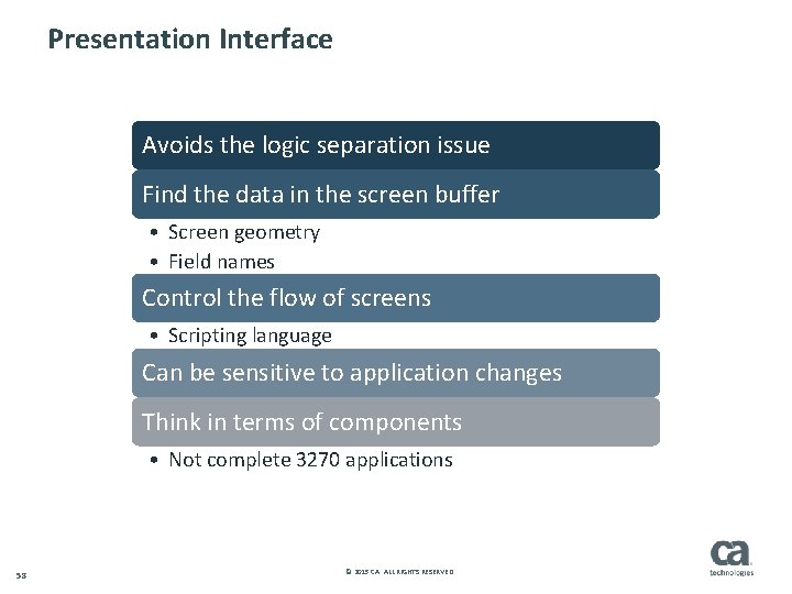 Presentation Interface Avoids the logic separation issue Find the data in the screen buffer