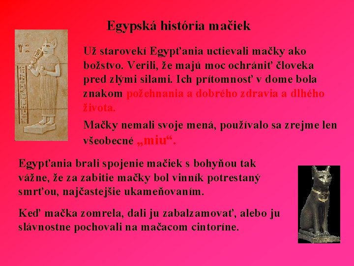 Egypská história mačiek Už starovekí Egypťania uctievali mačky ako božstvo. Verili, že majú moc