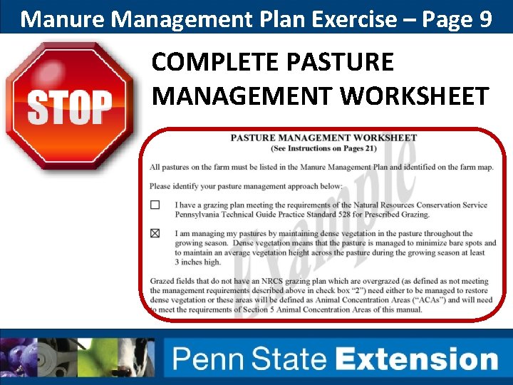Manure Management Plan Exercise – Page 9 COMPLETE PASTURE MANAGEMENT WORKSHEET Manure Management Plan Exercise – Page 9 COMPLETE PASTURE MANAGEMENT WORKSHEET