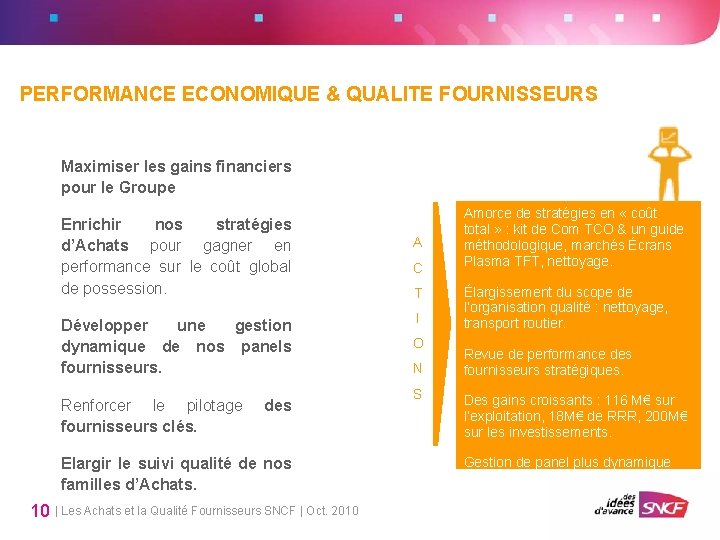 PERFORMANCE ECONOMIQUE & QUALITE FOURNISSEURS Maximiser les gains financiers pour le Groupe Enrichir nos