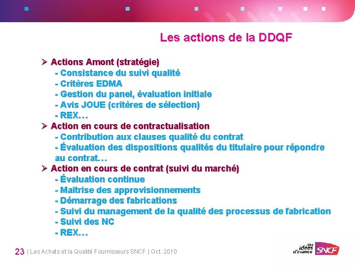 Les actions de la DDQF Ø Actions Amont (stratégie) - Consistance du suivi qualité