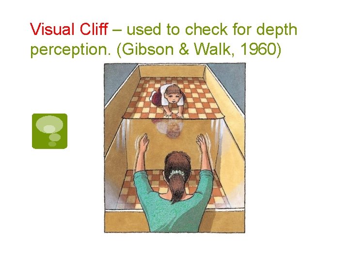 Visual Cliff – used to check for depth perception. (Gibson & Walk, 1960) 