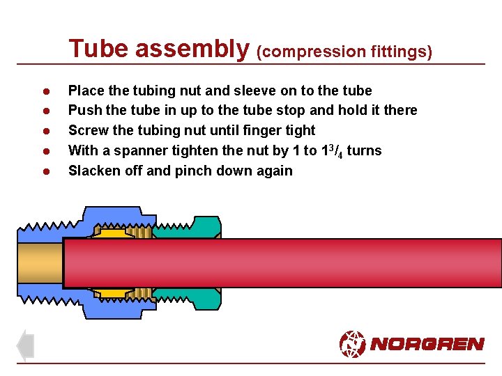 Tube assembly (compression fittings) l l l Place the tubing nut and sleeve on