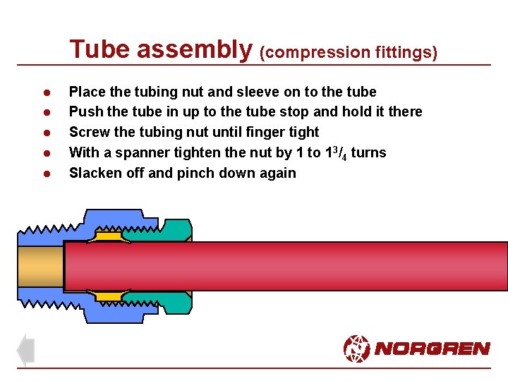 Tube assembly (compression fittings) l l l Place the tubing nut and sleeve on