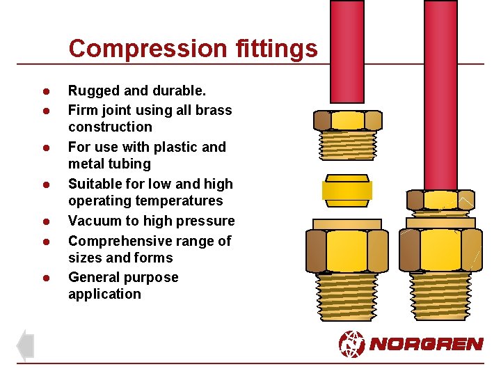 Compression fittings l l l l Rugged and durable. Firm joint using all brass