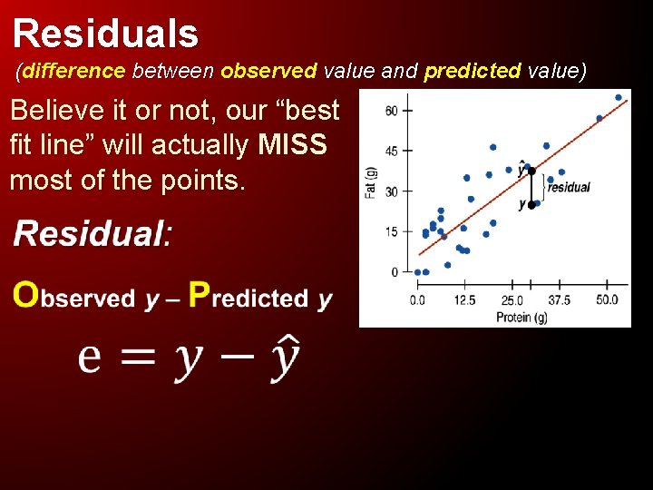 Residuals (difference between observed value and predicted value) Believe it or not, our “best