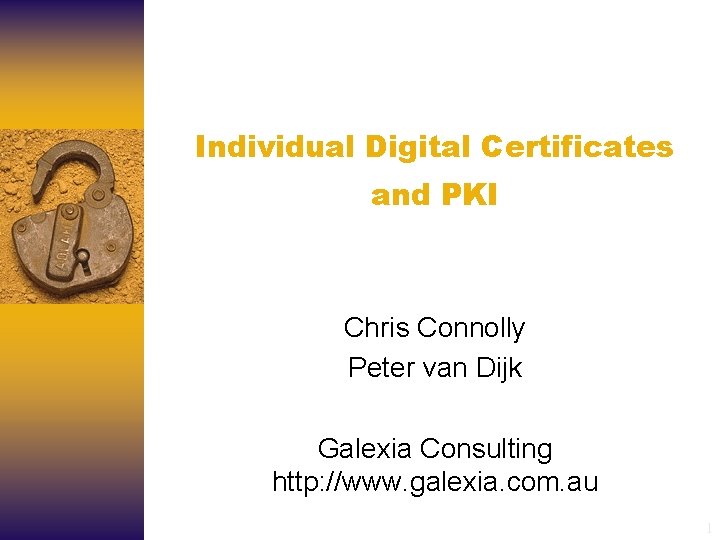 Individual Digital Certificates and PKI Chris Connolly Peter van Dijk Galexia Consulting http: //www.