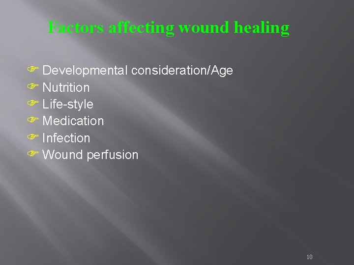 Factors affecting wound healing F Developmental consideration/Age F Nutrition F Life-style F Medication F Factors affecting wound healing F Developmental consideration/Age F Nutrition F Life-style F Medication F
