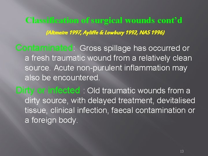 Classification of surgical wounds cont’d (Altmeire 1997, Ayliffe & Lowbury 1992, NAS 1996) Contaminated: Classification of surgical wounds cont’d (Altmeire 1997, Ayliffe & Lowbury 1992, NAS 1996) Contaminated: