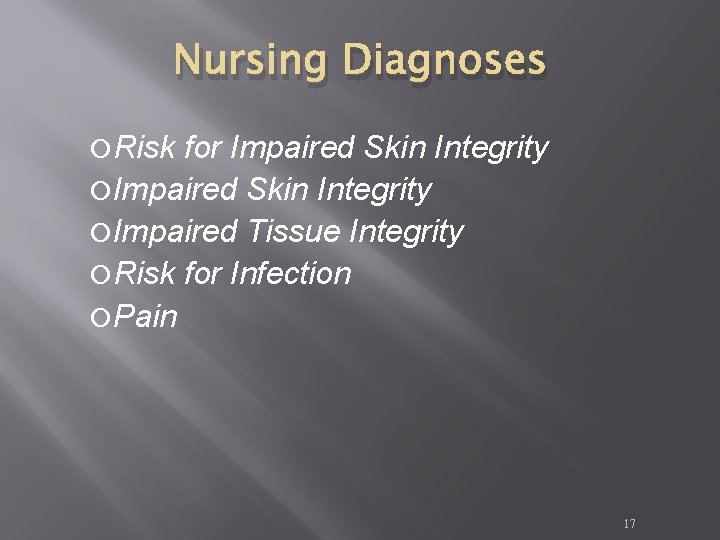 Nursing Diagnoses Risk for Impaired Skin Integrity Impaired Tissue Integrity Risk for Infection Pain Nursing Diagnoses Risk for Impaired Skin Integrity Impaired Tissue Integrity Risk for Infection Pain