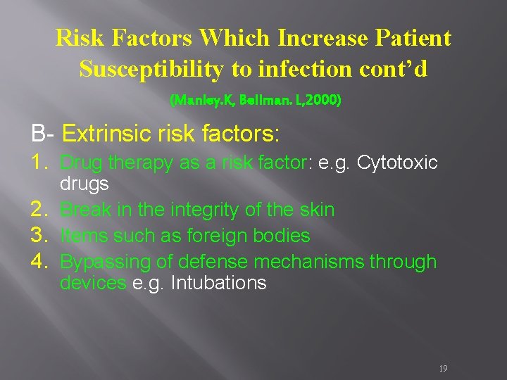 Risk Factors Which Increase Patient Susceptibility to infection cont’d (Manley. K, Bellman. L, 2000) Risk Factors Which Increase Patient Susceptibility to infection cont’d (Manley. K, Bellman. L, 2000)