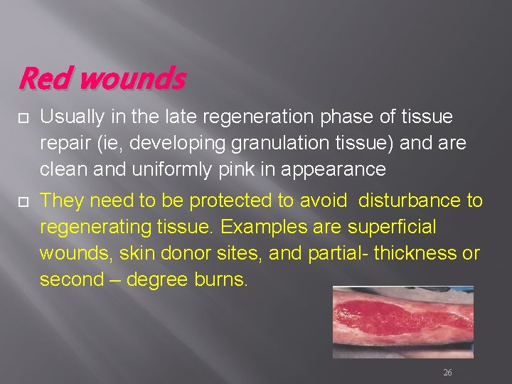 Red wounds Usually in the late regeneration phase of tissue repair (ie, developing granulation Red wounds Usually in the late regeneration phase of tissue repair (ie, developing granulation