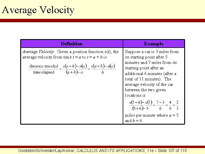 Average Velocity Definition Average Velocity: Given a position function s(t), the average velocity from