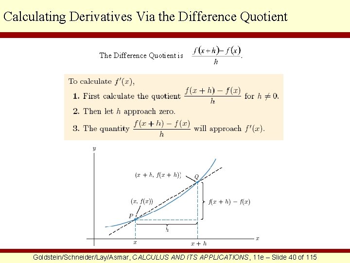 Calculating Derivatives Via the Difference Quotient The Difference Quotient is Goldstein/Schneider/Lay/Asmar, CALCULUS AND ITS