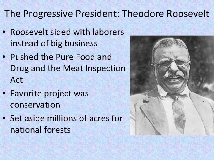 The Progressive President: Theodore Roosevelt • Roosevelt sided with laborers instead of big business