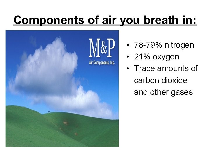 Components of air you breath in: • 78 -79% nitrogen • 21% oxygen •